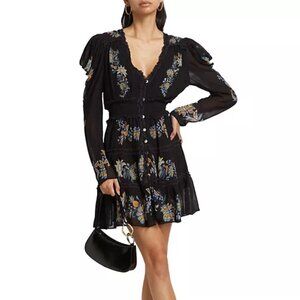 Farm Rio Floral-Embroidered Long-Sleeve Minidress. Sz: Small